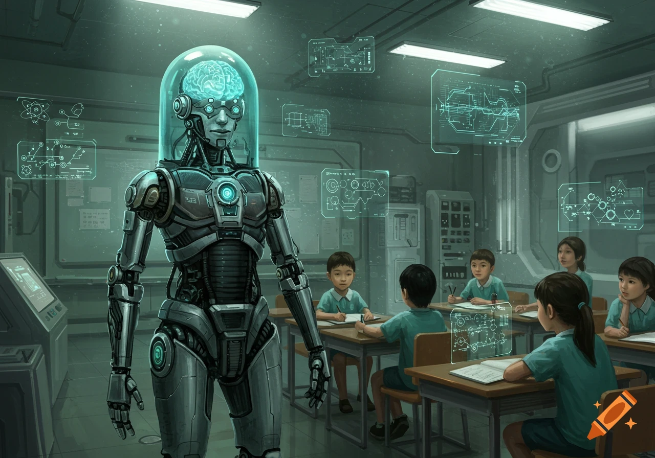 A large robot with a glowing brain in a glass dome stands in a futuristic classroom with children at desks and floating holographic displays.