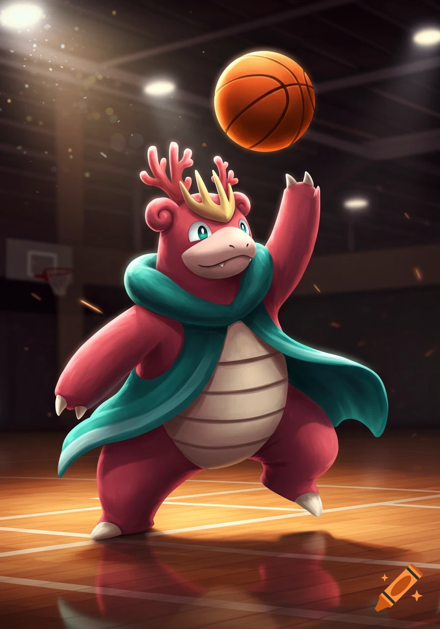 A stylized illustration of Galarian Slowking on a basketball court, reaching up to palm a basketball.
