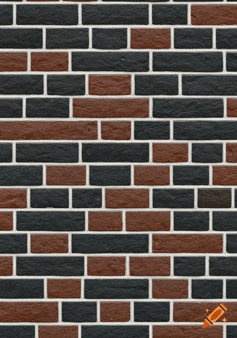 Seamless pattern of black and reddish-brown bricks with white mortar joints.