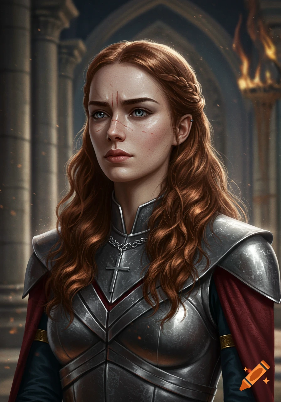 A detailed portrait of a red-haired woman with blue eyes and facial scars, wearing silver plate armor and a red cape, standing in a grand stone hall.