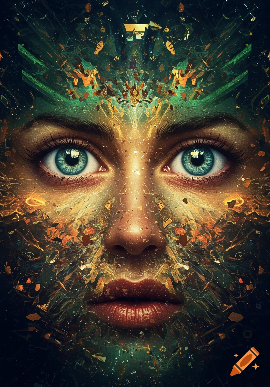 Close-up of a stylized face with piercing blue eyes, fragmented with golden and green abstract patterns.