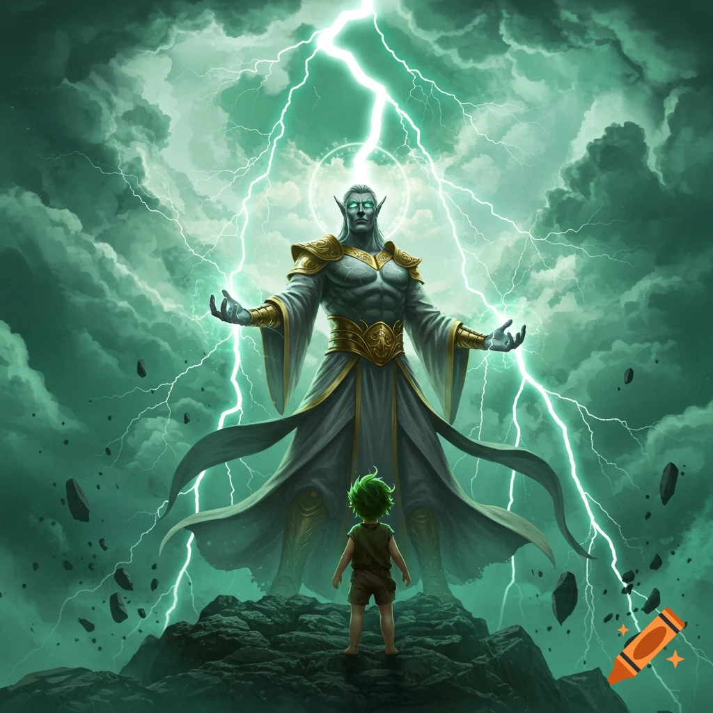 A giant, grey-skinned god-like figure with pointed ears and golden armor stands in a green lightning storm, facing a small green-haired child on a rocky landscape, digital art.