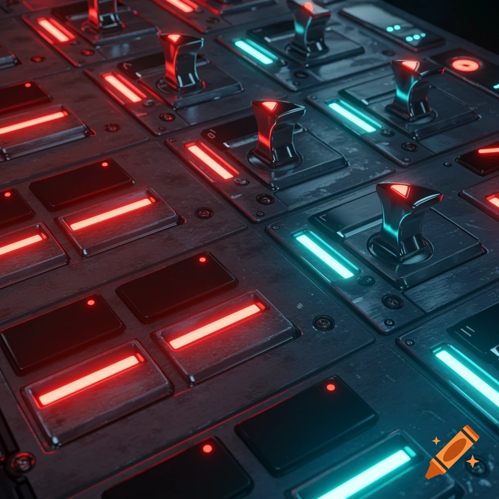 Close-up of a futuristic metallic control panel featuring glowing red and teal rectangular lights and reflective toggle switches.