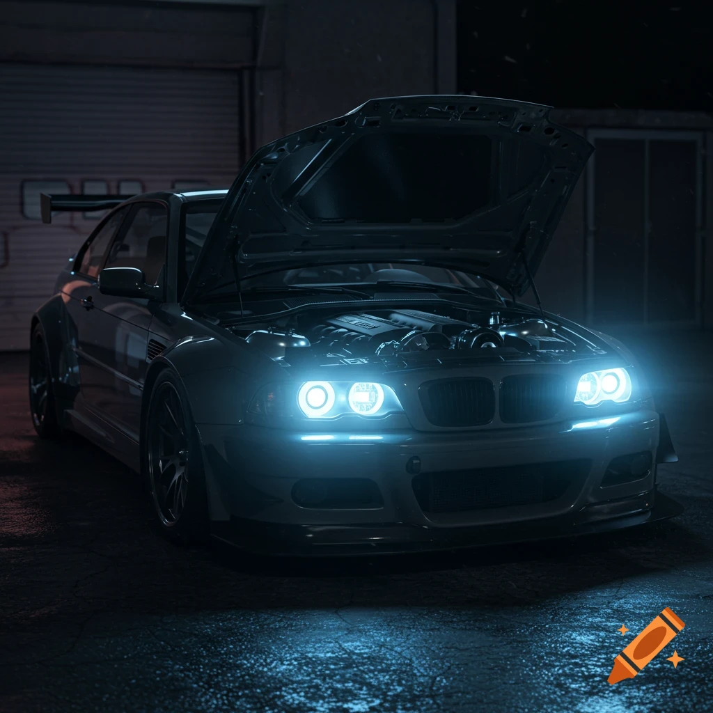 A modified BMW M3 GTR E46 with its hood open, revealing the engine, parked in a dark garage with glowing ice-blue headlights.