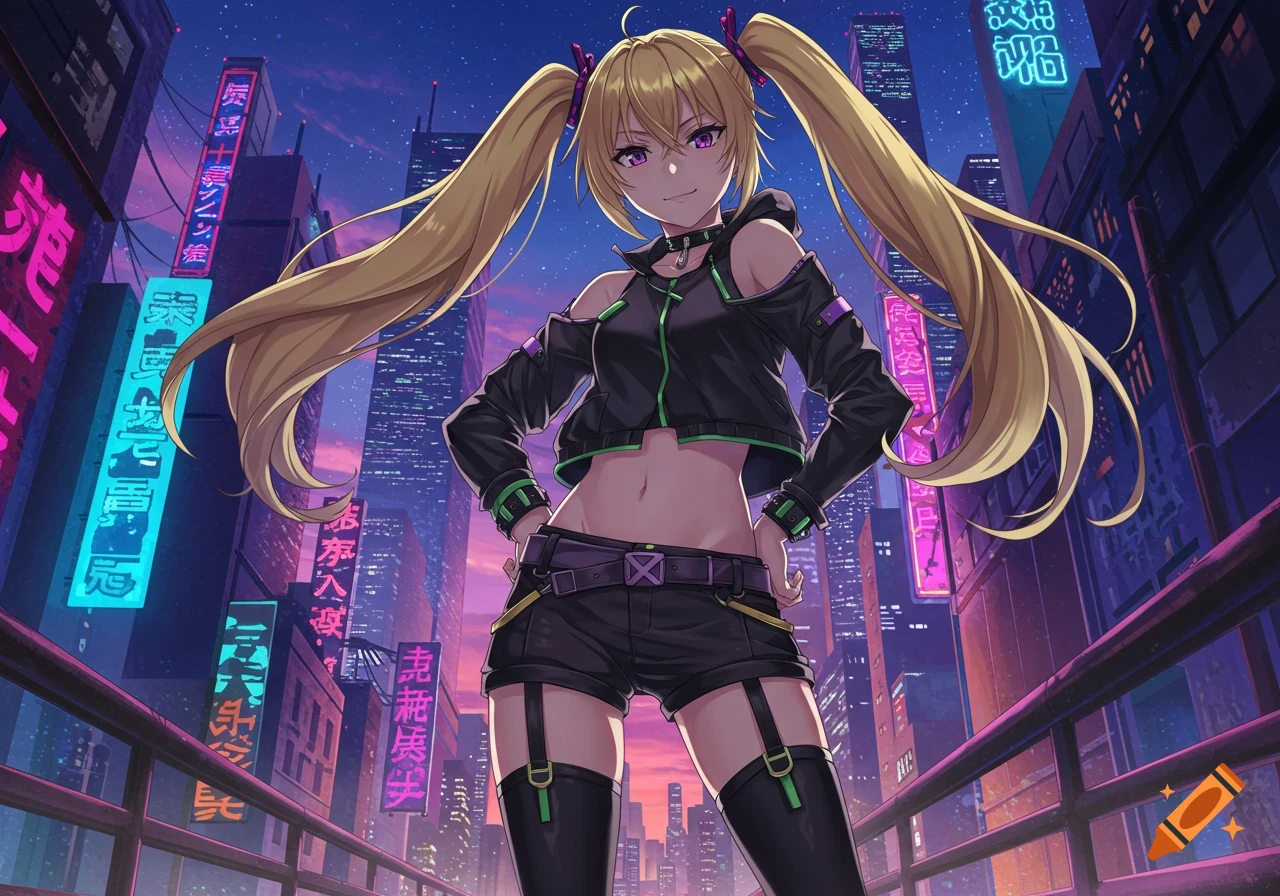 An anime girl with long blonde pigtails and purple eyes poses in a cyberpunk city at night with neon lights.