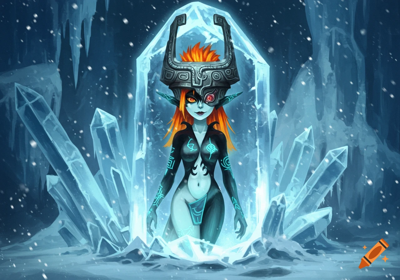 An illustration of Midna in her true form, a pale woman with orange hair and ornate headdress, encased in glowing blue ice in a snowy cave.