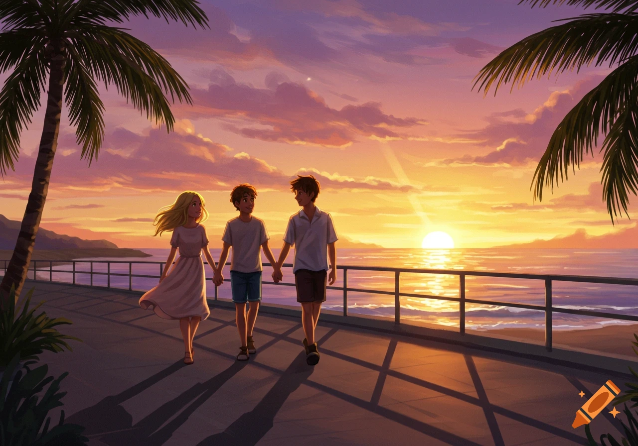 Illustrated scene of a blonde girl and two boys walking hand-in-hand on a beach boardwalk at sunset.