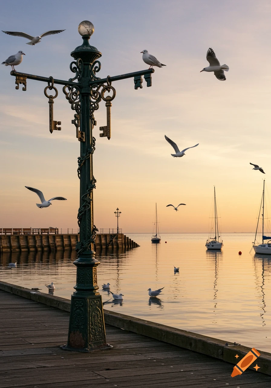 A lamp post made of large keys on a wooden pier with seagulls flying and resting. Sailboats dot the calm water at sunrise.