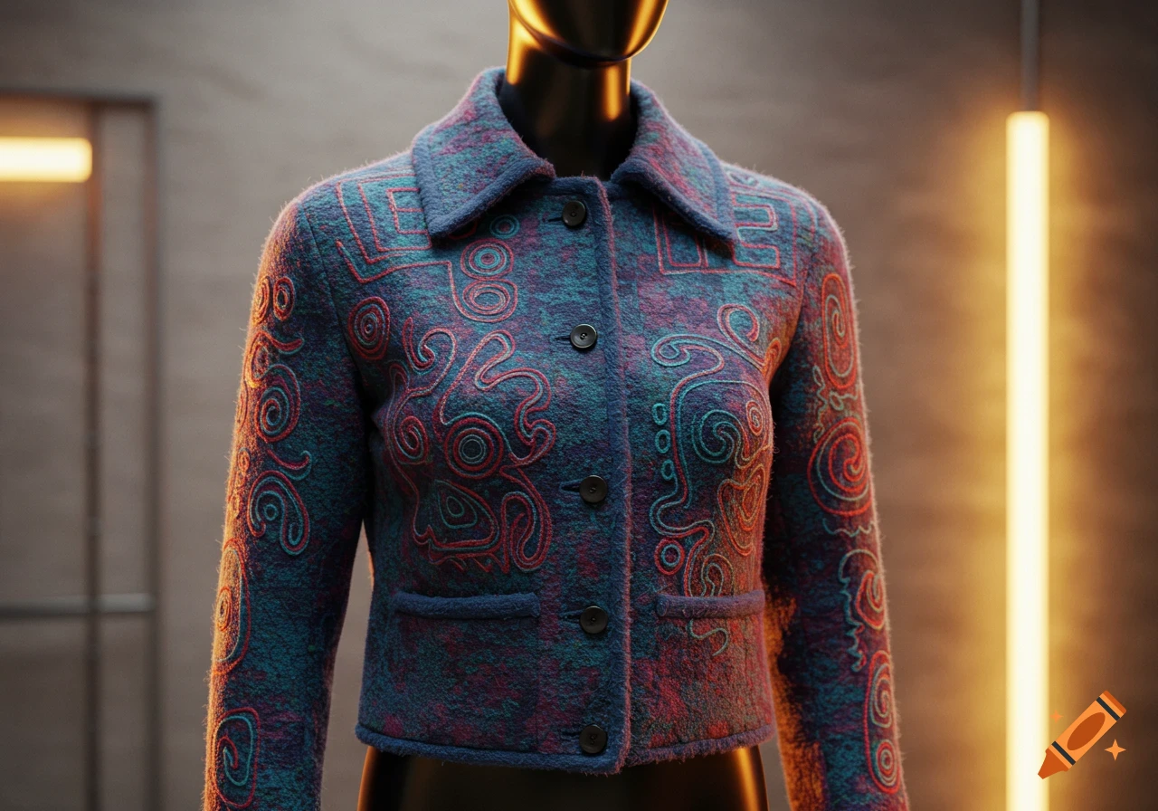 Close-up of an abstract-patterned wool jacket with blue, purple, and red hues, displayed on a mannequin.