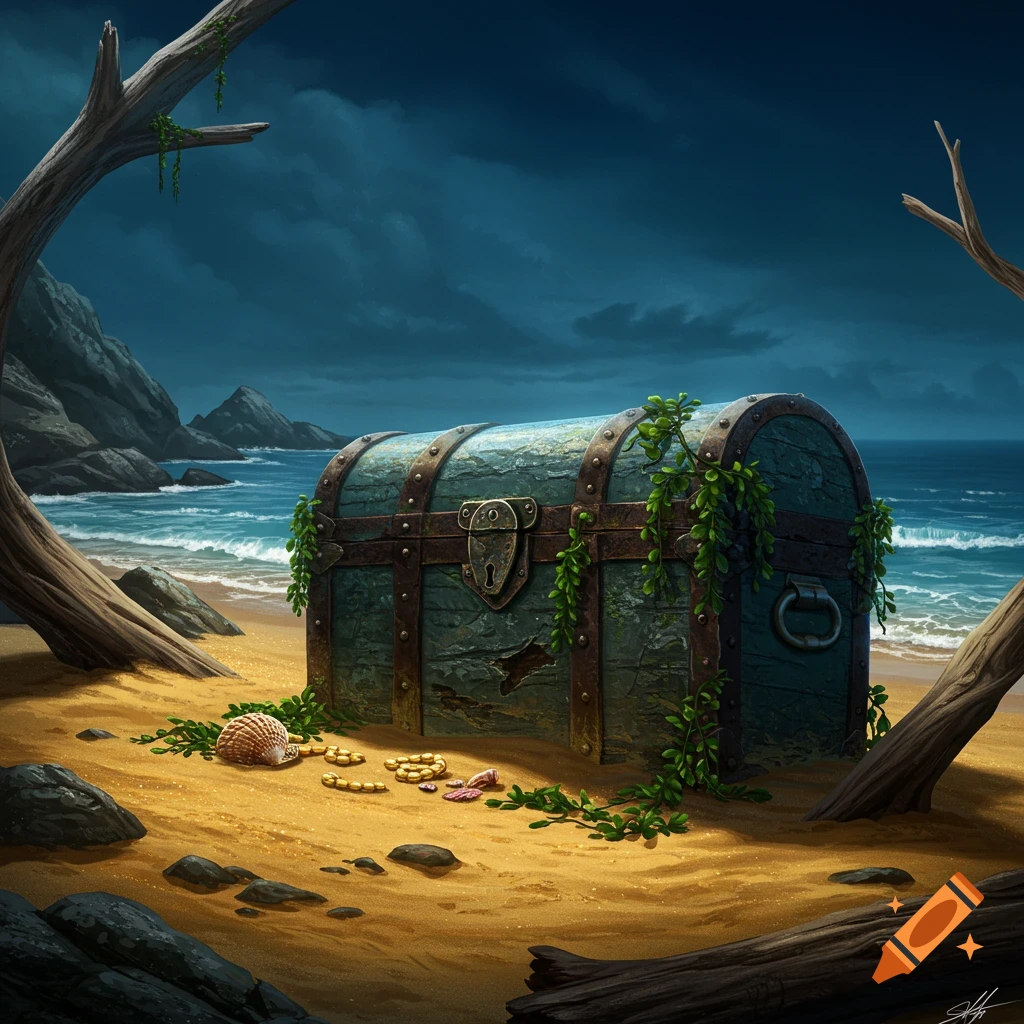 A weathered treasure chest on a sandy beach with scattered gold coins and seashells, framed by branches, overlooking a dark ocean and cliffs.