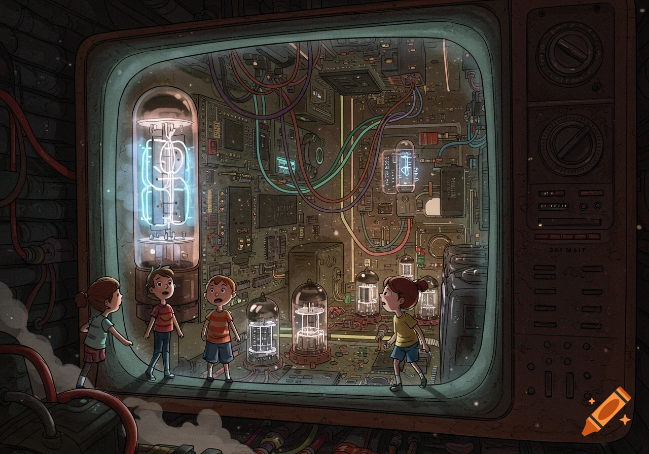 Four children explore the glowing, wired, and complex inner workings of an old, large television in a detailed illustration.