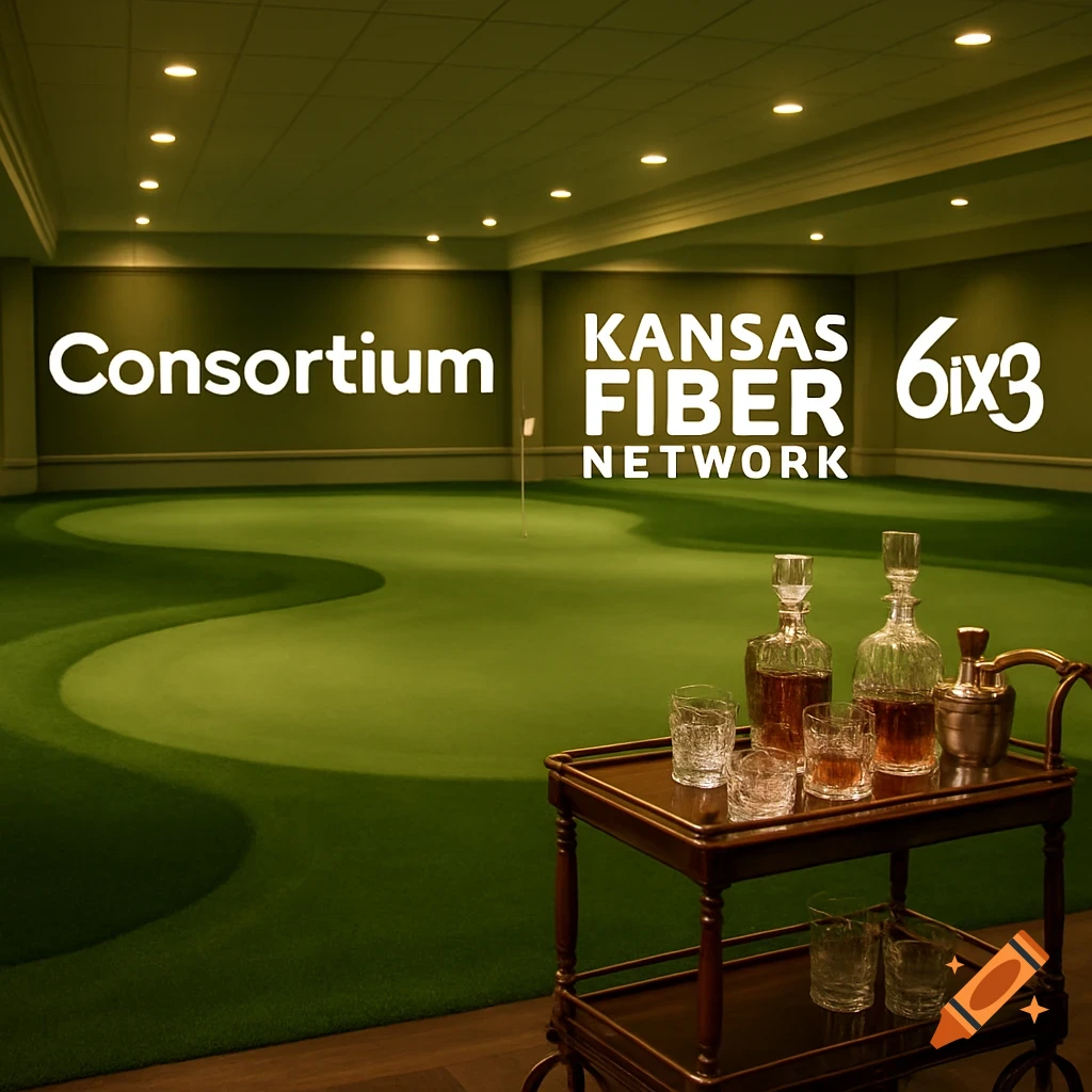 An indoor golf putting green with brand names 'Consortium', 'KANSAS FIBER NETWORK', and '6ix3' on the wall, and a bar cart with liquor in the foreground.
