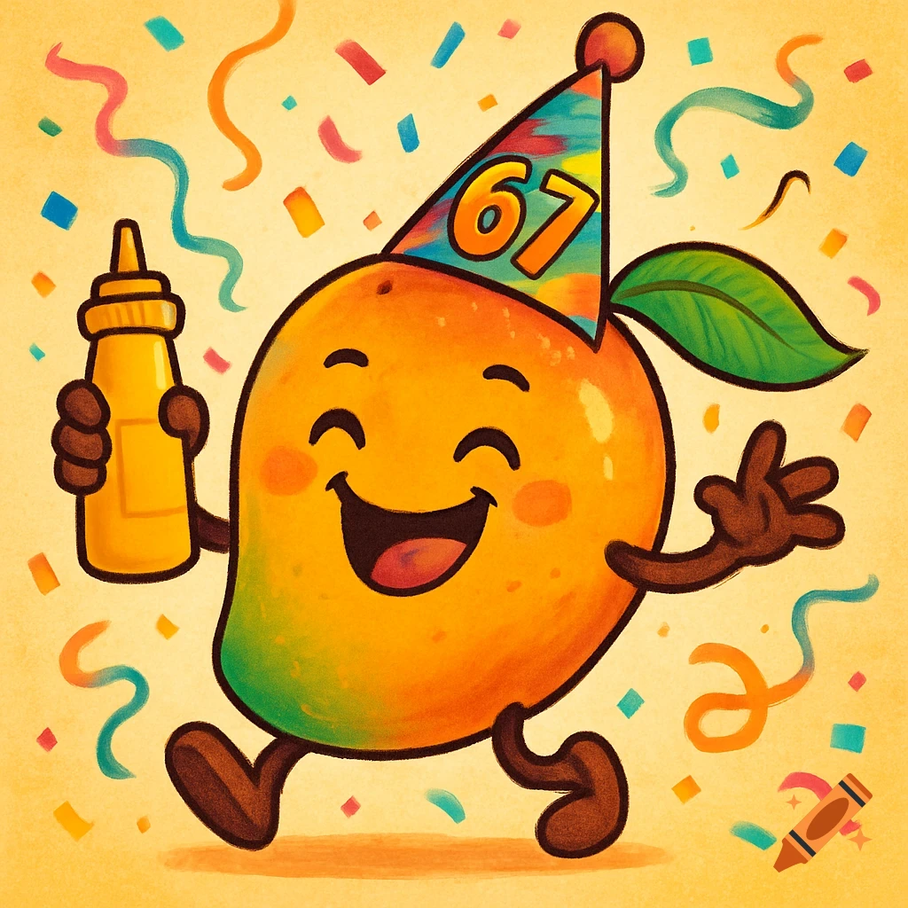 A cartoon mango wearing a 67 party hat and holding a mustard bottle, surrounded by confetti.