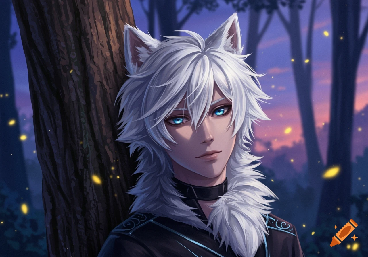 Handsome anime wolf boy with white fluffy hair and glowing blue eyes, leaning against a tree in a mystical forest at dusk.