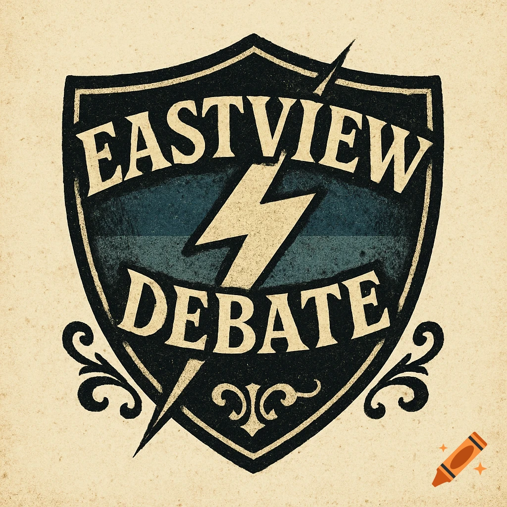 A vintage-style logo for Eastview Debate featuring a lightning bolt on a blue and black shield.