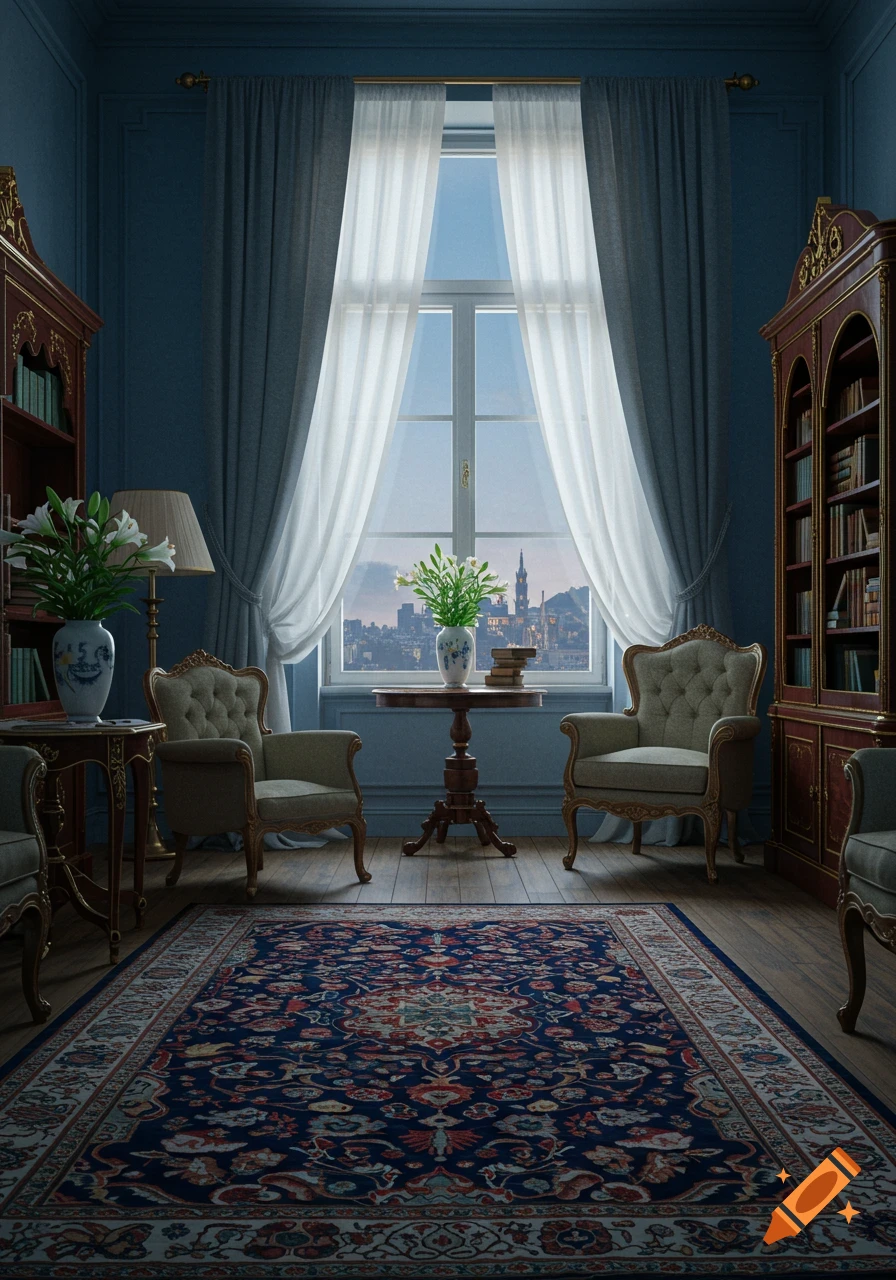 A luxurious blue room with ornate furniture, two large bookcases, a patterned rug, and a city skyline visible through a large window.