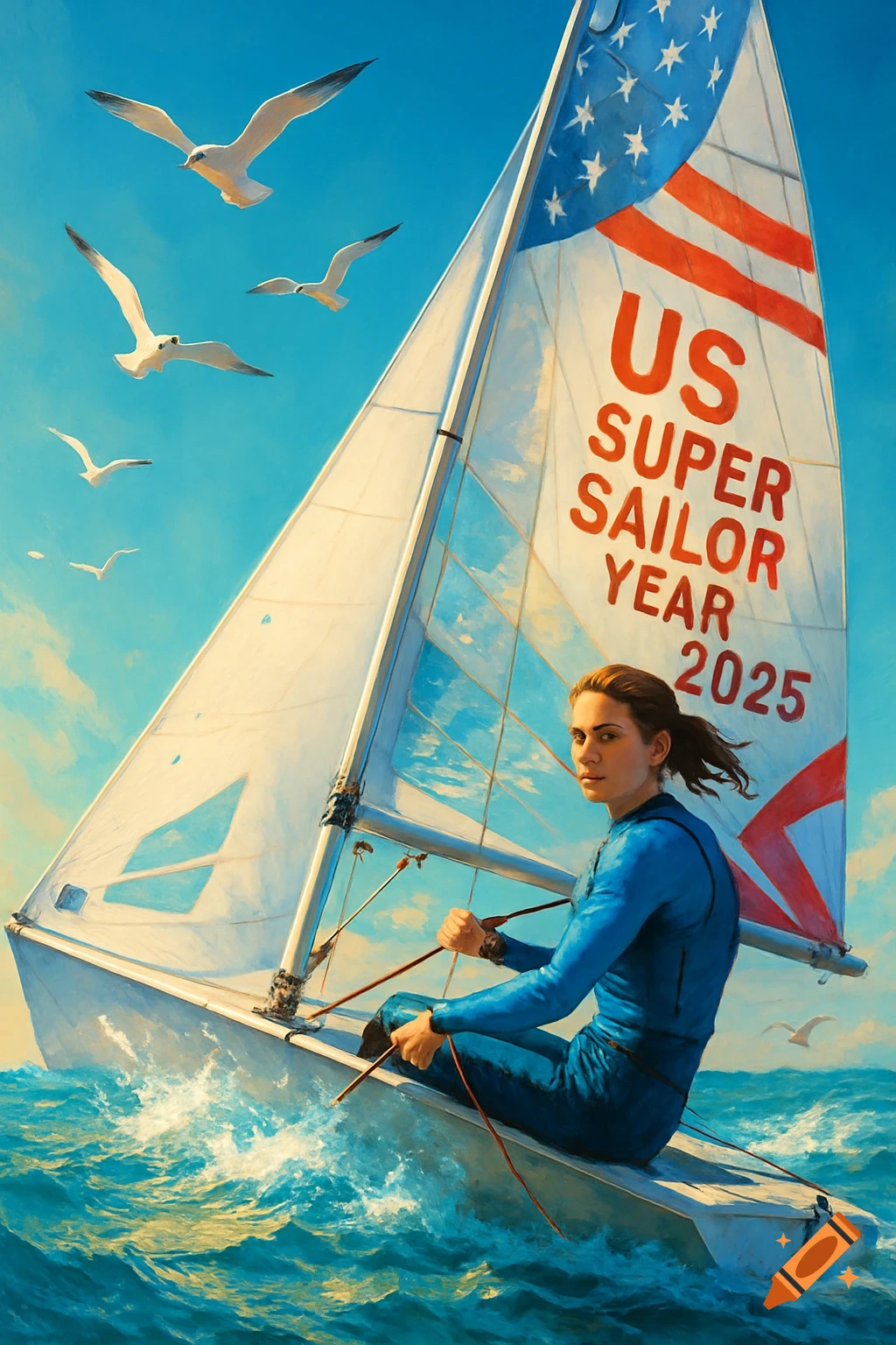 Digital painting of a person in a blue wetsuit sailing a small boat on blue water. The white sail displays a US flag and the text 'US SUPER SAILOR YEAR 2025'.