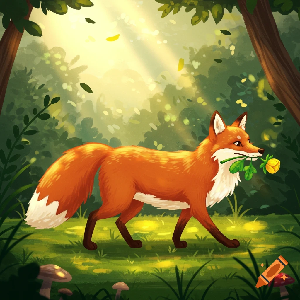 A cartoon fox walks through a sunlit forest, holding a yellow flower with green leaves in its mouth.