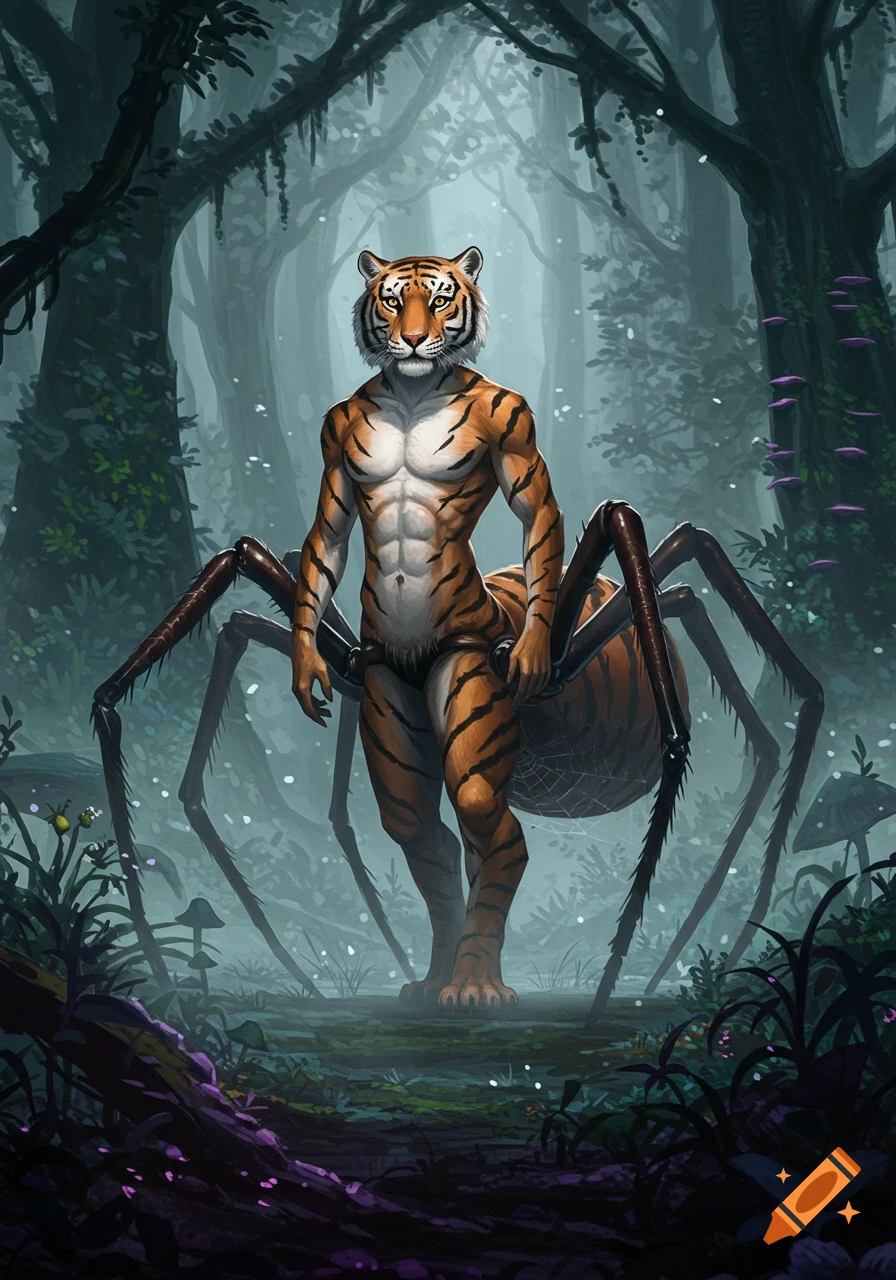A humanoid tiger-spider hybrid stands in a misty, dark forest, featuring a tiger head, muscular torso, and spider legs.