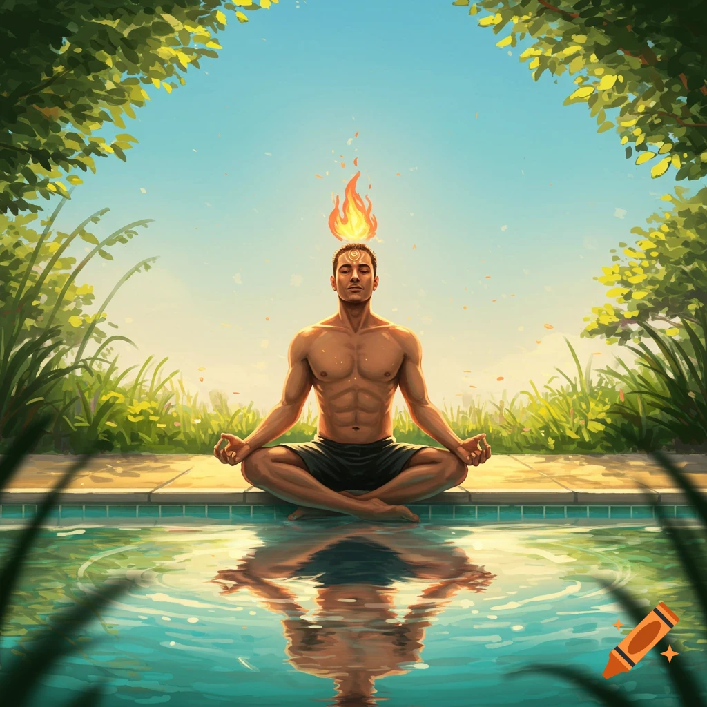 A shirtless man with fire above his head meditates in a cross-legged pose beside a swimming pool, surrounded by lush green foliage.