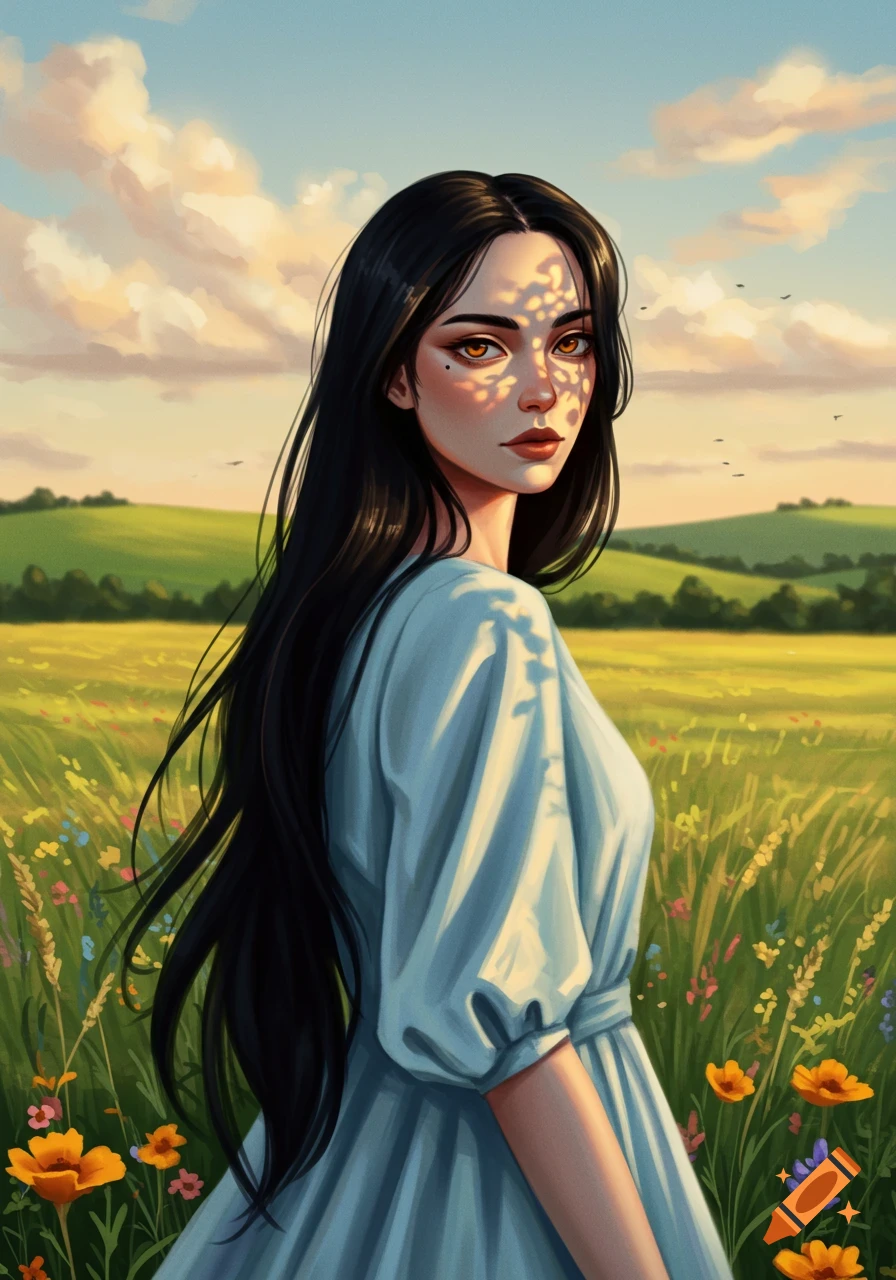 A stylized illustration of a woman with long dark hair in a light blue dress, standing in a vibrant wildflower field with dappled sunlight.