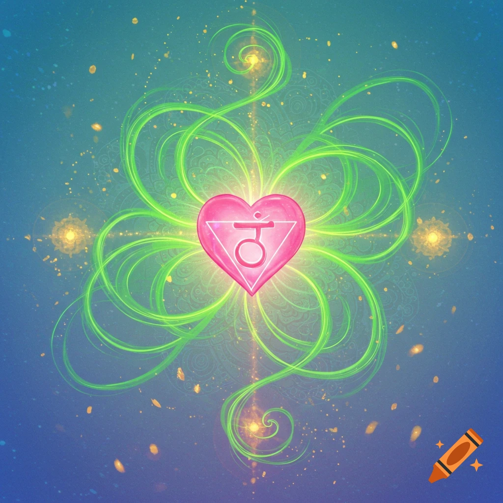 Vibrant pink heart chakra symbol with green energy swirls on a blue-green background.