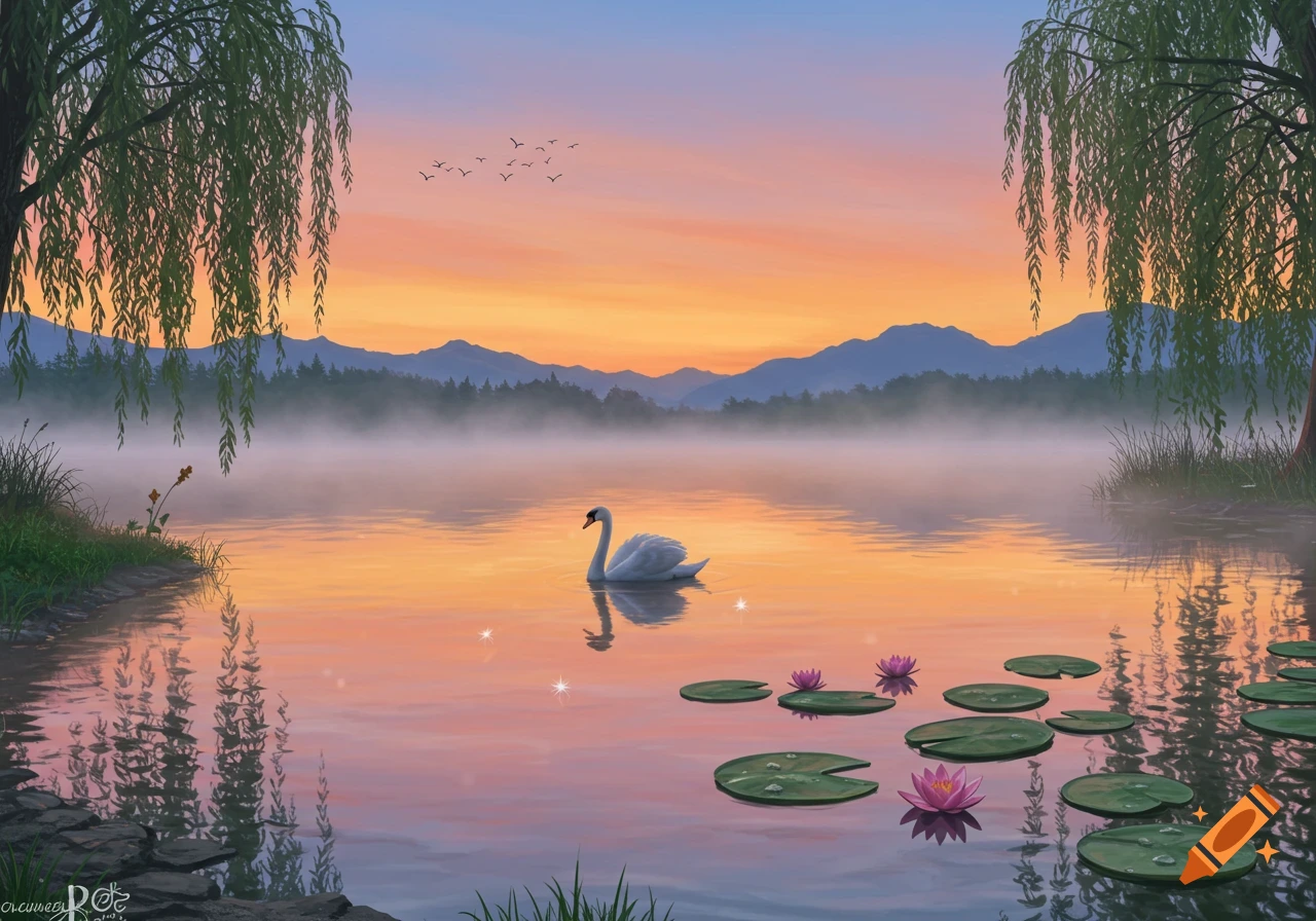 A serene lake at sunrise with a swan, pink lotus flowers, green lily pads, and weeping willow trees reflecting in the water.