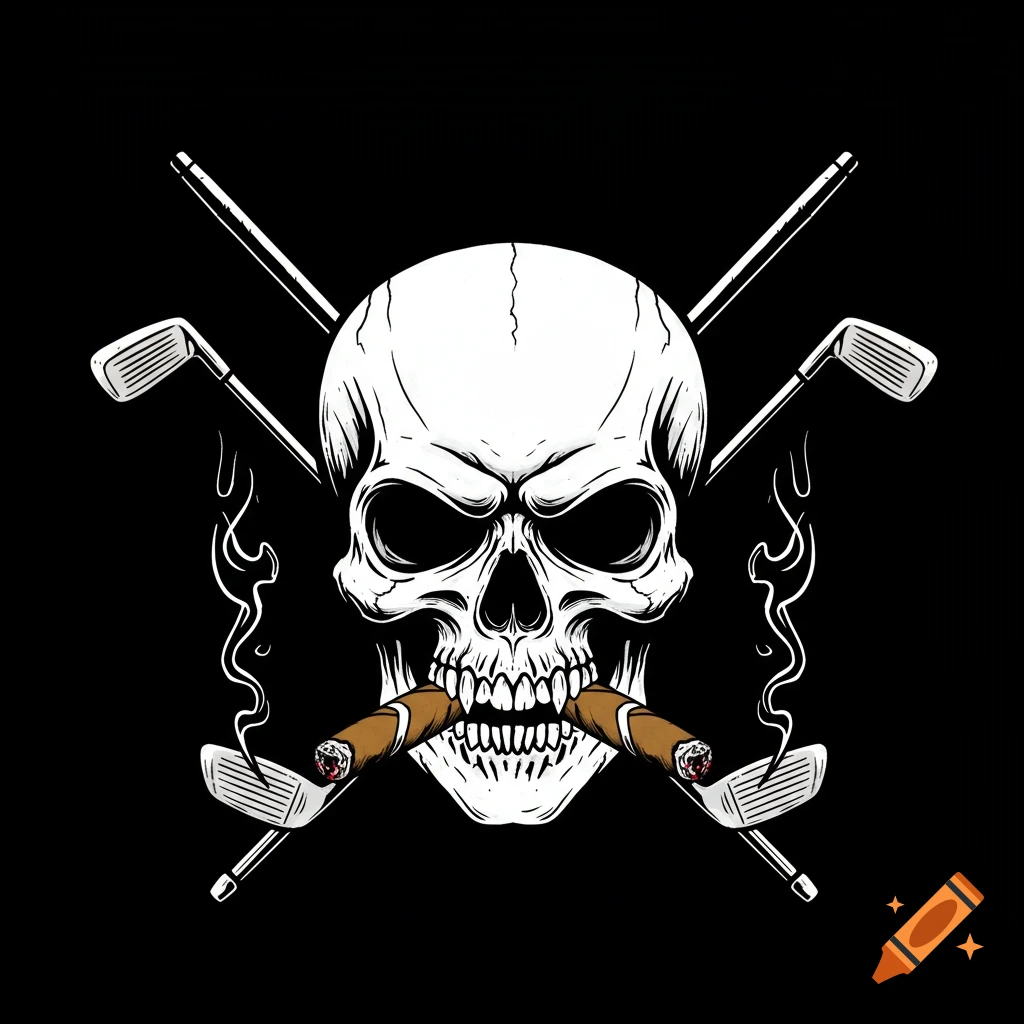A stylized white skull with two lit cigars in its mouth and two crossed golf clubs behind it, on a black background.