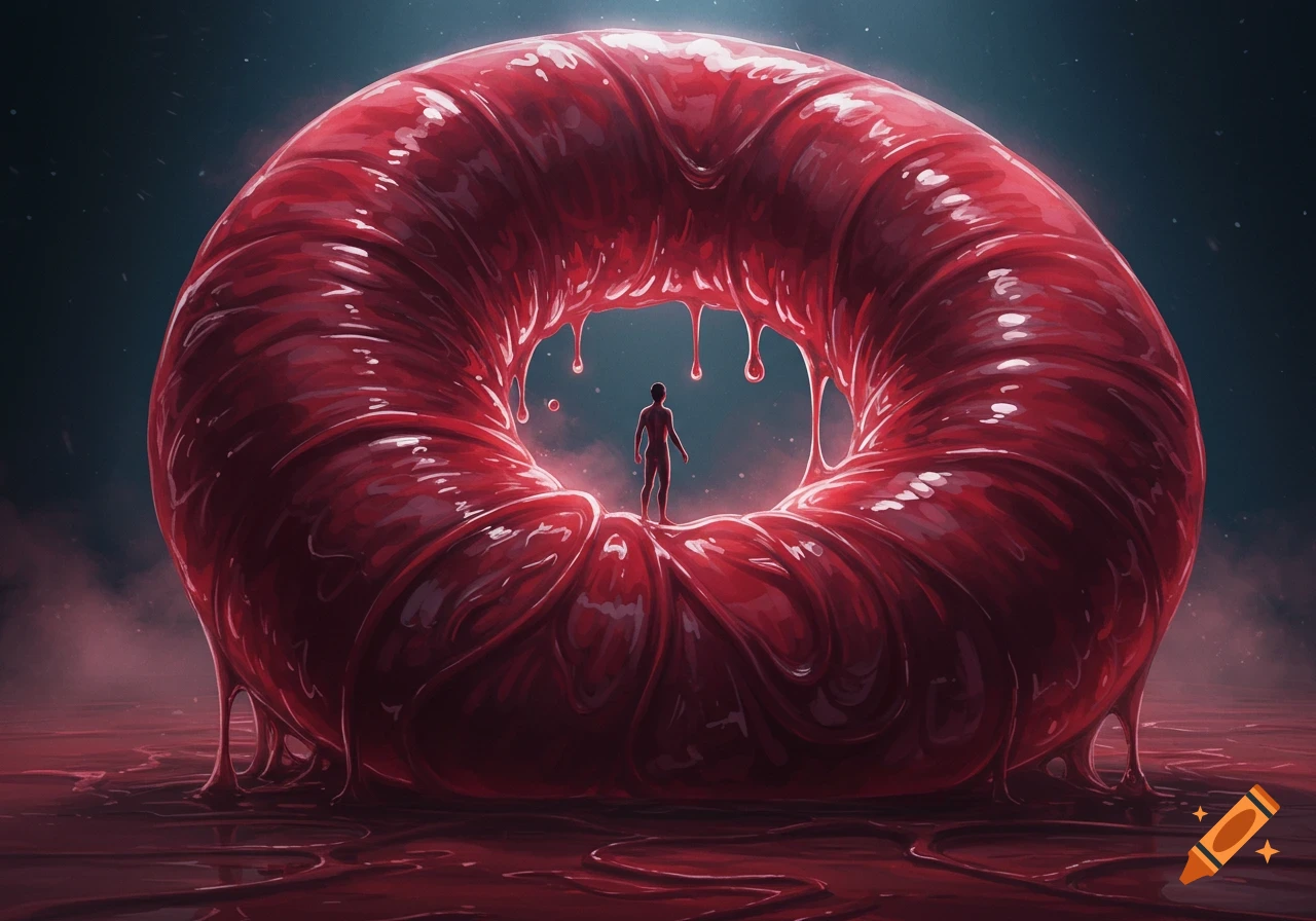 A small figure stands inside a large, red, glossy, ring-shaped organism dripping onto a blood-red floor, digital art.