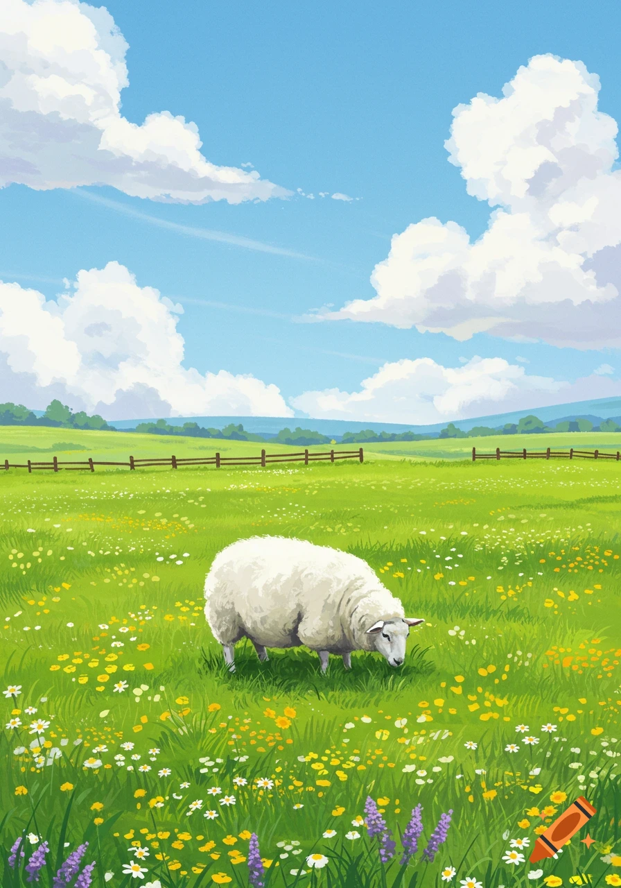 A white sheep grazes in a lush green field filled with colorful wildflowers under a bright blue sky with fluffy white clouds, in an illustrative style.
