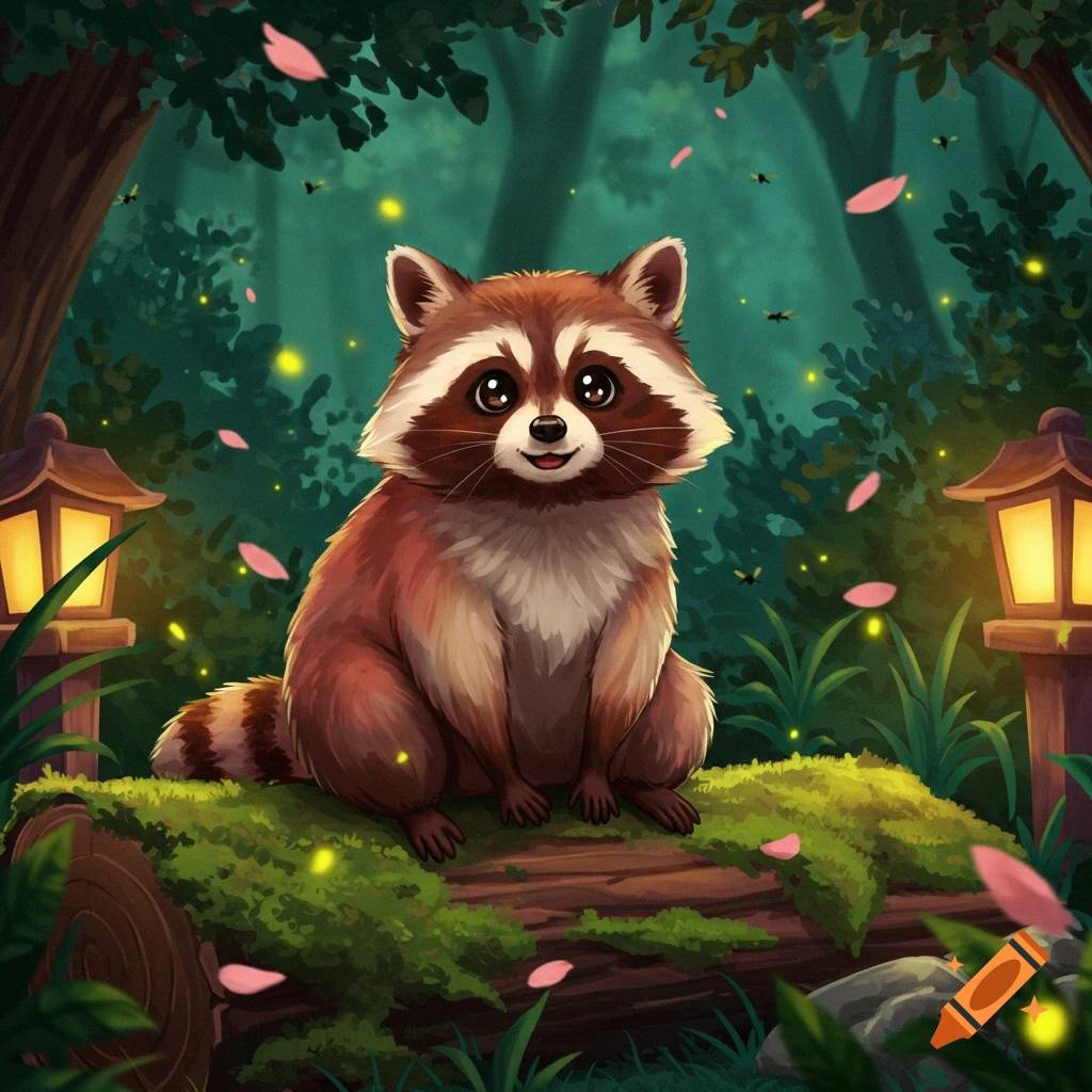 A cute anime-style raccoon sits on a mossy log in a mystical forest with glowing fireflies and pink petals.
