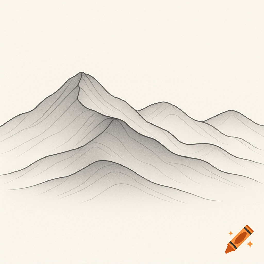 A minimalist grayscale line art diagram depicting multiple mountain ridges on a light background.
