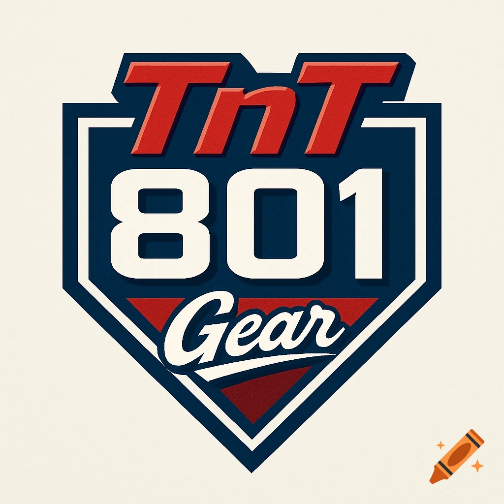 Logo for TnT 801 Gear, featuring a red, white, and blue design shaped like a baseball home plate with text and numbers.