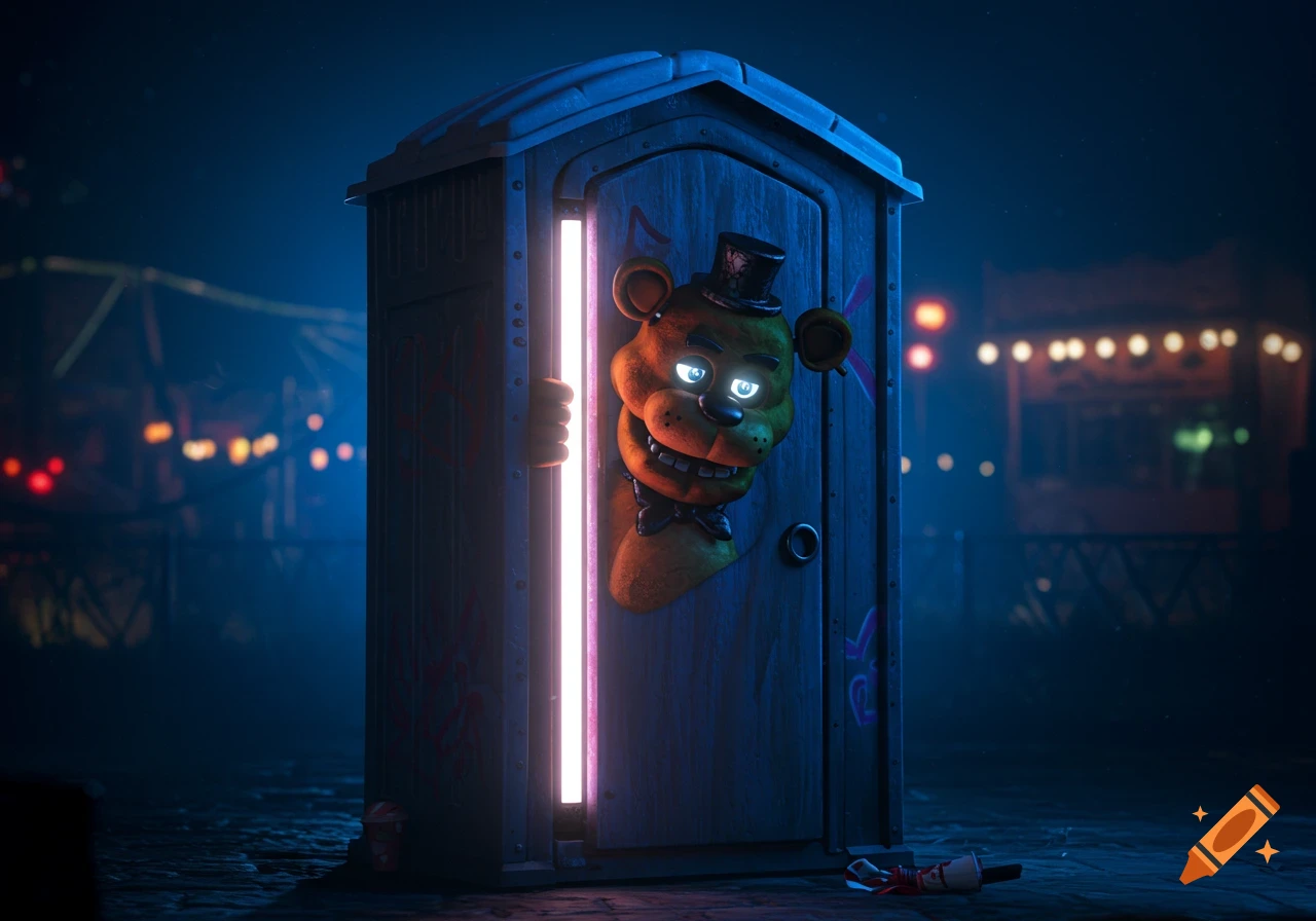 A creepy Freddy Fazbear peers out from the glowing crack of a slightly opened porta potty at night, with a dark fairground in the background.