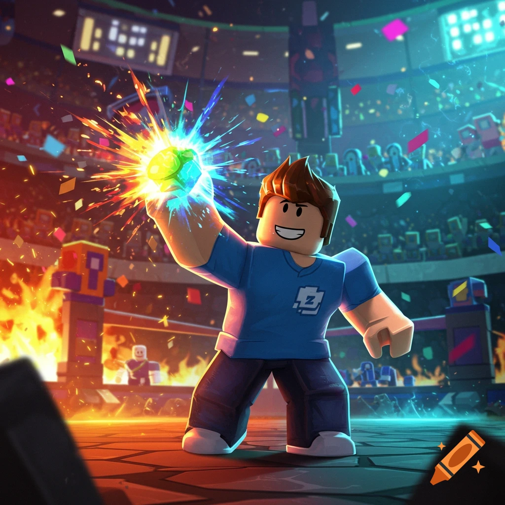 A Roblox-style character in a blue shirt raises a glowing, colorful orb in a stadium arena, surrounded by confetti and dynamic lighting.