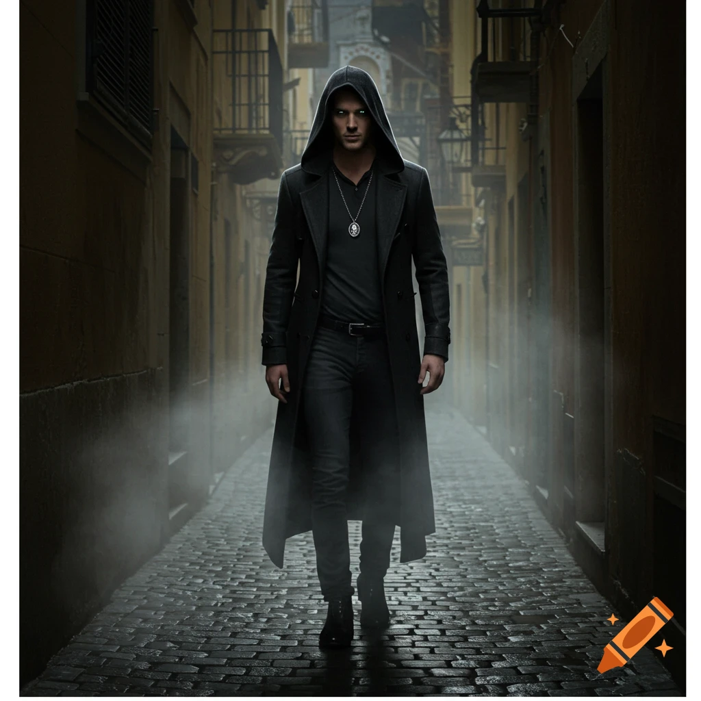 A mysterious figure in a dark trench coat and hood with glowing green eyes walks down a misty, cobblestone alley.