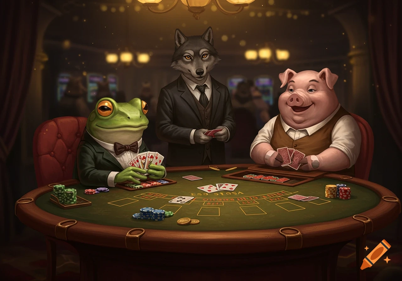 An anthropomorphic frog in a suit plays cards at a casino table, while a wolf in a suit stands behind as the pit boss, and a pig in a vest acts as the dealer.