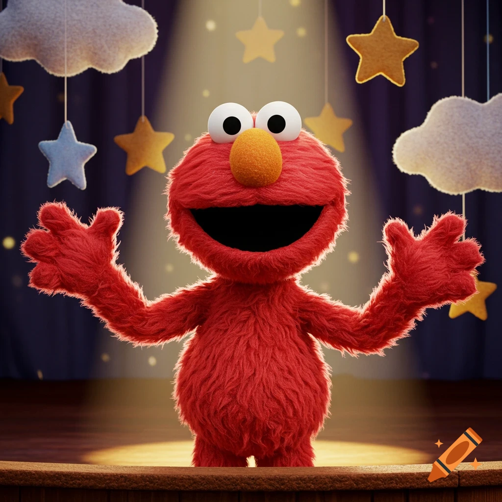 Photorealistic Elmo stands on a stage, arms wide, under a spotlight, with hanging clouds and stars.