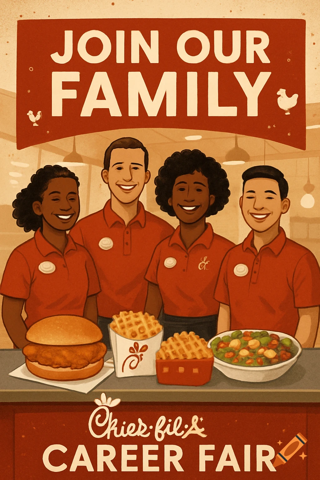Illustrated poster for a Chick-fil-A career fair with smiling employees and food, reading 'JOIN OUR FAMILY' and 'Chick-fil-A CAREER FAIR'.
