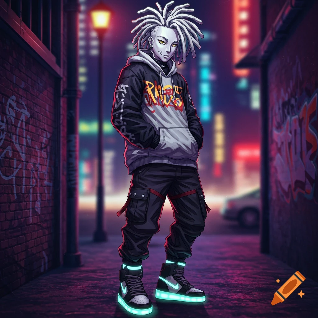 An anime male character with white dreadlocks and a hip-hop outfit stands in a dark, neon-lit urban alleyway at night.