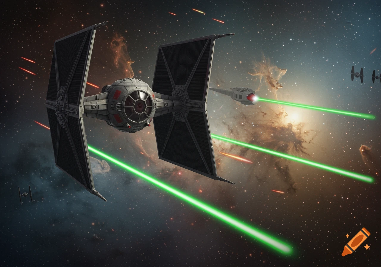 Multiple TIE fighters engage in a space battle, firing green and red lasers amidst a vibrant nebula and stars.