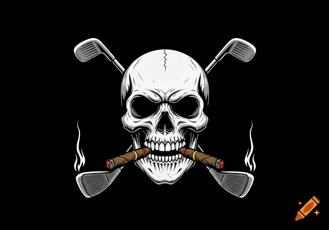 A stylized white skull with two lit cigars in its mouth and two golf clubs crossed behind it, against a black background.