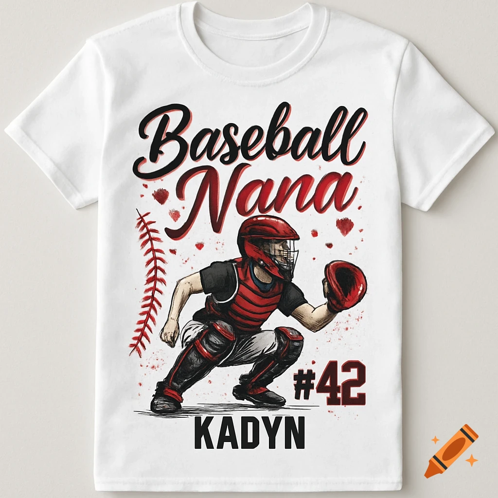 White t-shirt with 'Baseball Nana', '#42', and 'KADYN' text. Features an illustration of a baseball catcher in red and black gear.