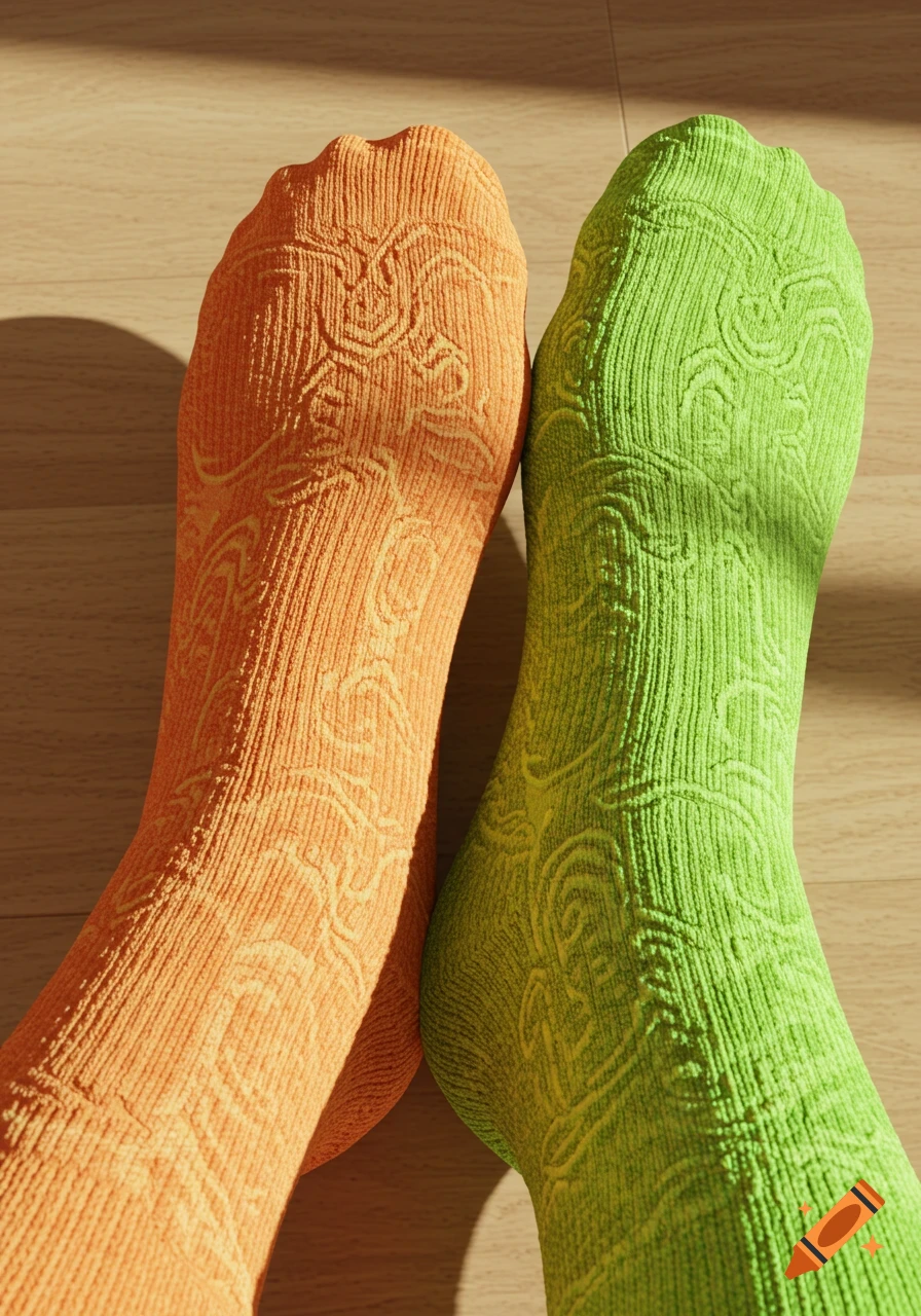 Overhead view of two feet wearing orange and lime green patterned socks on a wooden floor.
