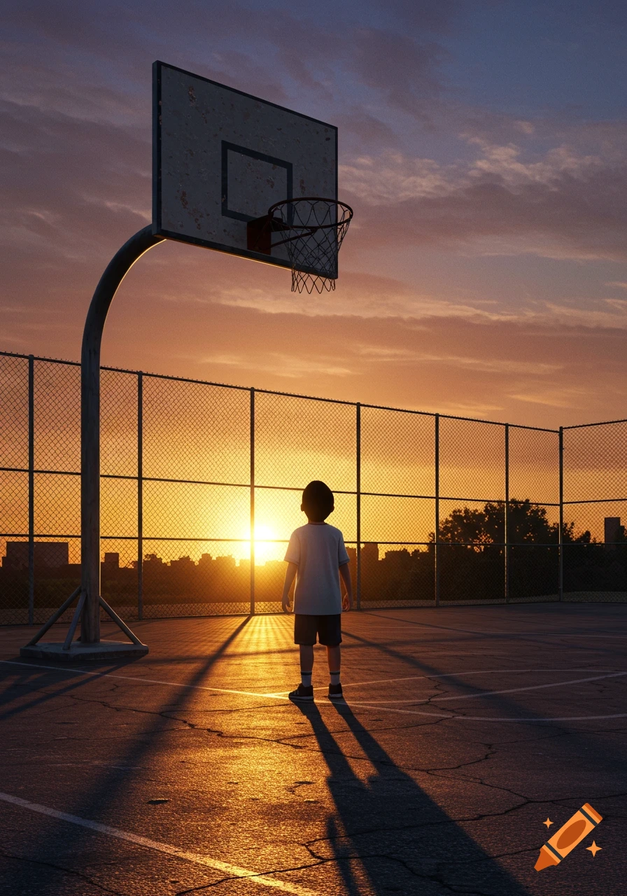A boy stands on a basketball court, silhouetted by the setting sun, looking up at the hoop.