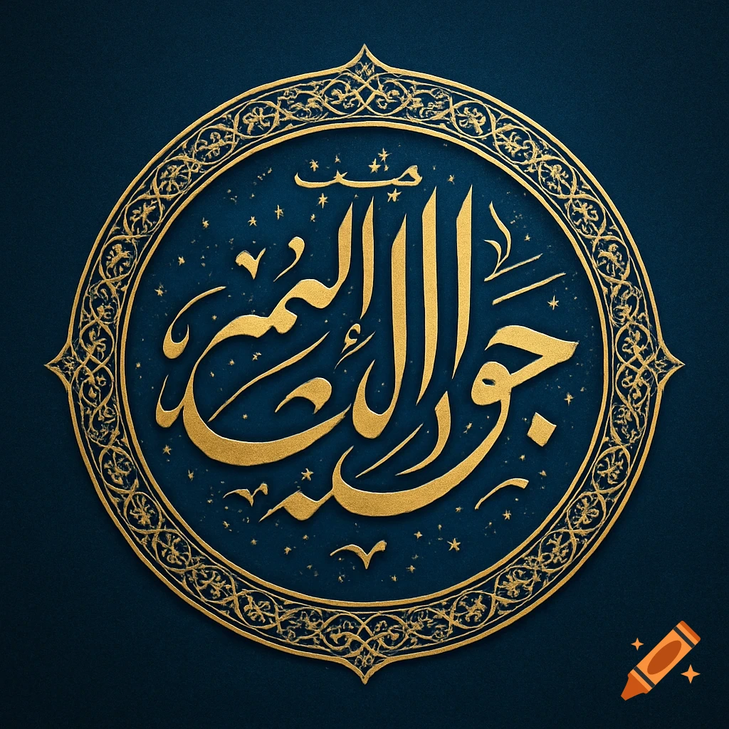 Golden Arabic calligraphy of 'Jawad al-A'immah' in an ornate circular frame on a dark blue background, Islamic art style.