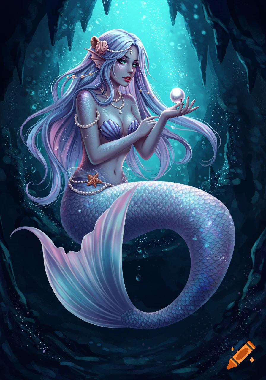 An elegant mermaid with flowing pastel purple hair, adorned in pearls and seashells, holding a glowing pearl in an underwater cave.