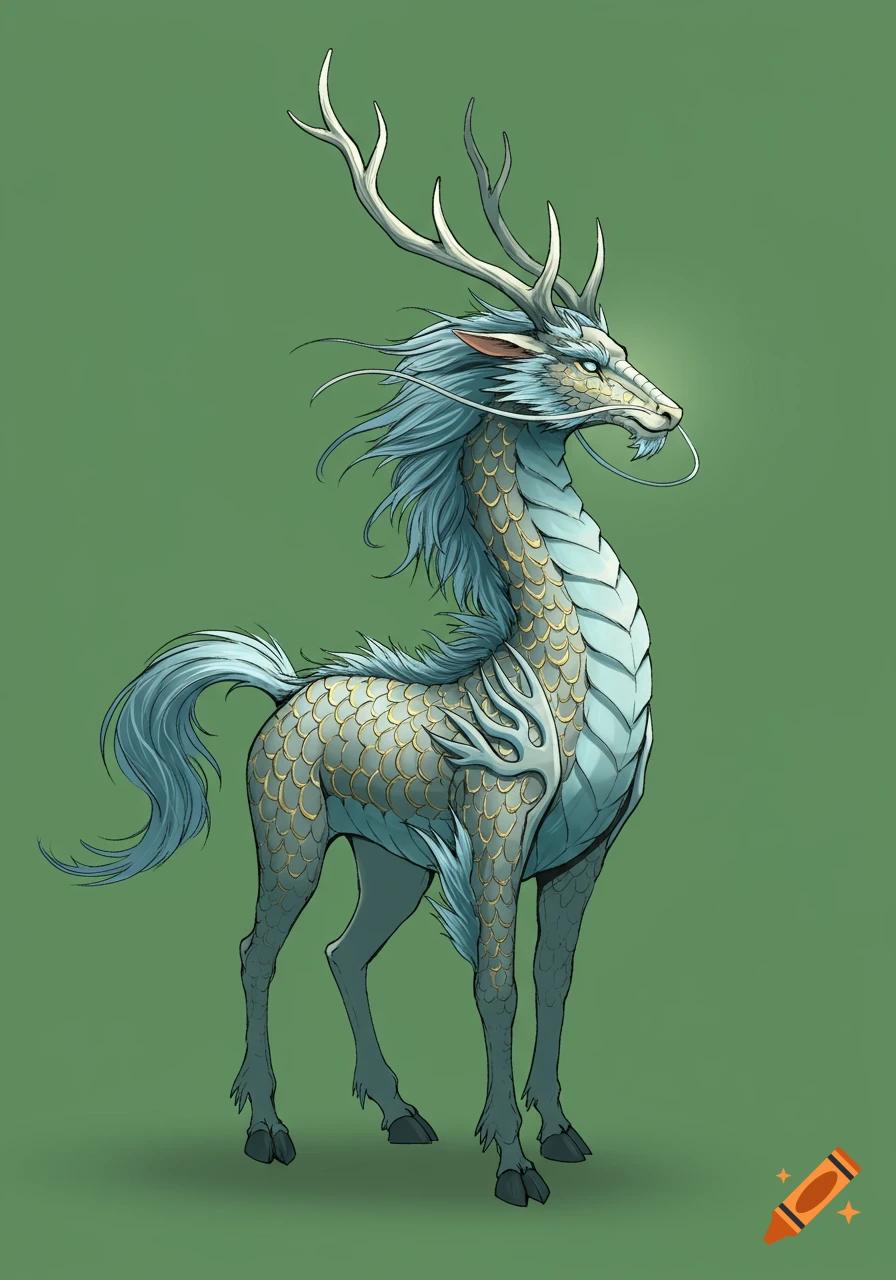 A blue and gold Kirin, a mythical creature with a dragon head and deer body, stands against a solid green background in a Chinese-style illustration.