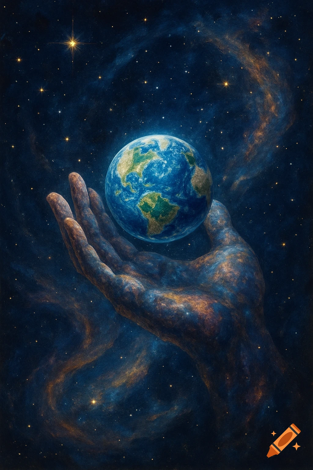 A cosmic hand holds the Earth against a starry, nebulous backdrop.