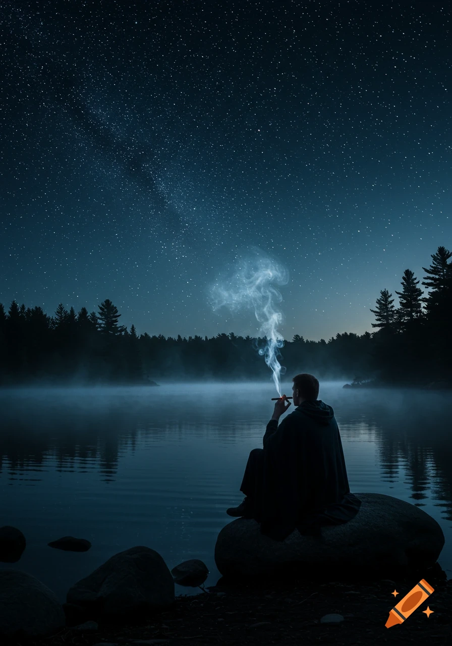 A silhouetted man sits by a misty lake at night, smoking a cigar under a starry sky.